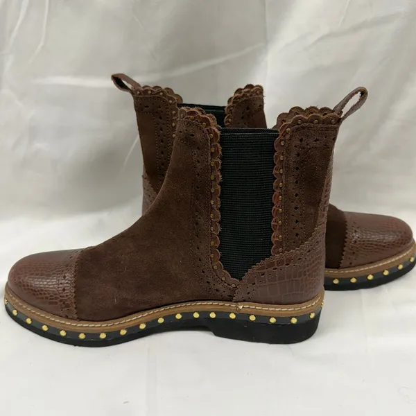 Free People $158 Women's Brown Suede Leather Western Chelsea Scalloped Boot EU38 - Image 4