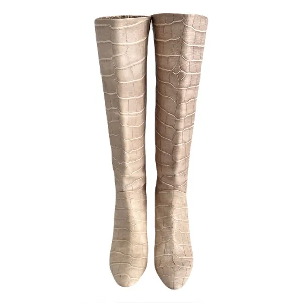 Karen Millen Ivory Croc Embossed Leather Heeled Knee High Boots, Size 38 - Image 3