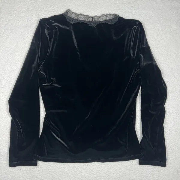 Lauren Ralph Lauren Womens Velvet Velour Lace Trim Top XL Black Whimsigoth Vamp - Image 8