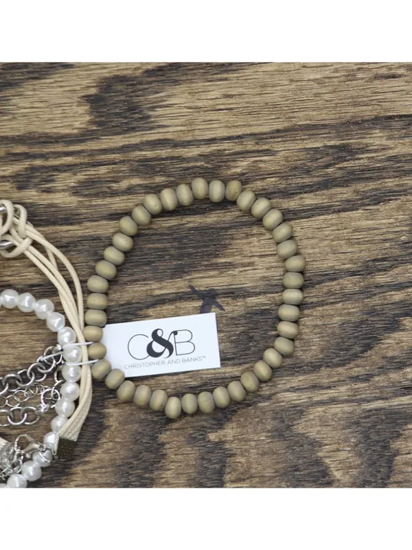 NWT Christopher & Banks Bead Cord Chain Bracelets Tan Brown / White 7" + 3" - Image 3