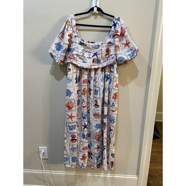 Nobody's Child Nova Print Puff Sleeve Maxi Dress Nautical Linen‎ Beach Shells - Image 4