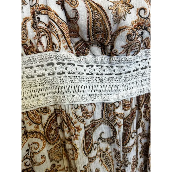 Justify XL Cream Brown Paisley Rayon Crochet Waist Sleeveless Boho Jumper Dress - Image 6