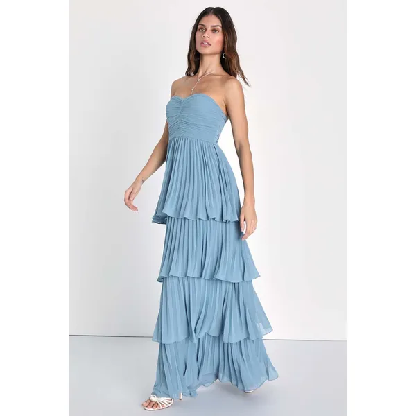 NWOT Lulus Seriously Sensational Light Blue Strapless Tiered Maxi Dress Size L - Image 4