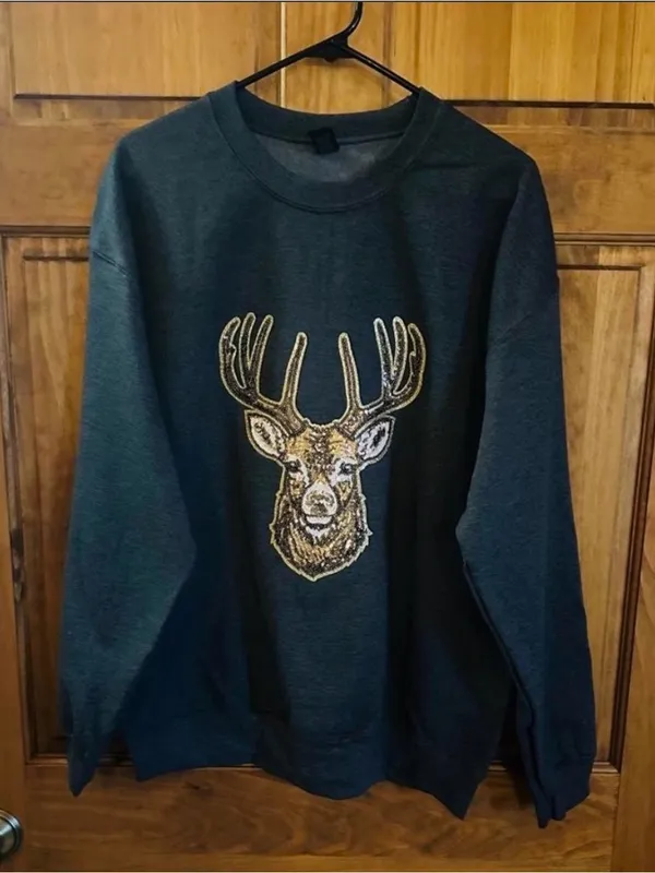 Cabela's Big buck gray Charcoal Sequin Deer Crewneck Sweatshirt Size large - Image 2