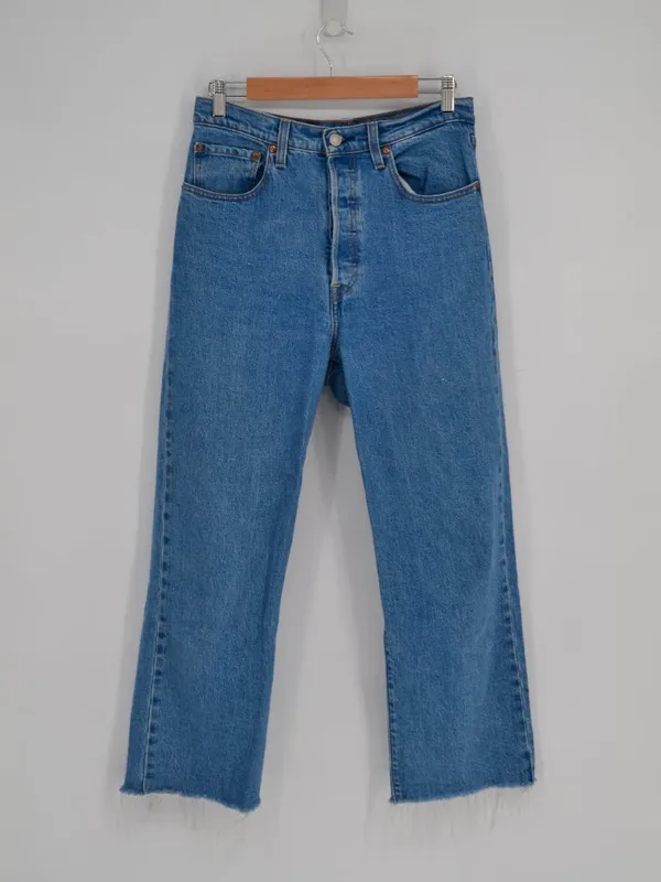 Levi's Ribcage Straight Ankle Jeans Blue Womens 30 High Rise Fray Hem Button Fly - Image 3