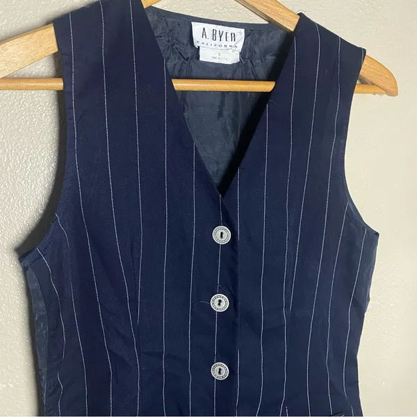A Byer California navy blue pinstripe tailored mini vest dress v neck 90s size 5 - Image 2