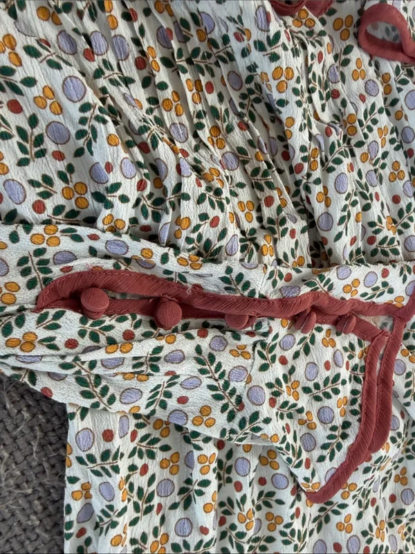 Women’s Free People White Floral Ruffle Dress w/Rust Trim Size S Trumpet sleeves - Image 9