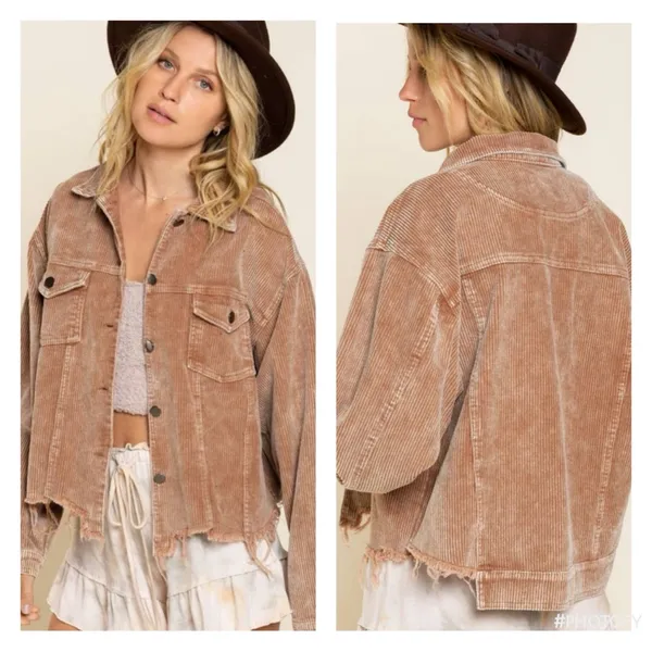 POL Frayed Hem Vintage Inspired Teddy Bear Brown Cropped Corduroy Jacket S - Image 3