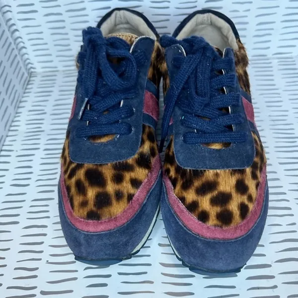 Boden‎ Womens Leopard Calf Hair Suede Sneakers Brown Navy Burgundy Lace Up 37/6 - Image 3