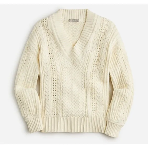 J. Crew Aran Cable Knit V-Neck Sweater Cream XS Tennis Prep Scandi Chic Preppy - Image 11