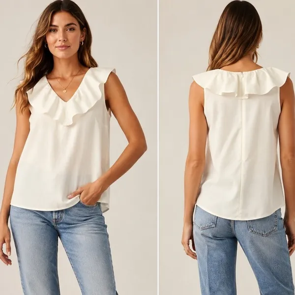 J.Crew Ruffle V-Neck Top Women Size‎ 2 White Sleeveless Cotton Blend Feminine - Image 2