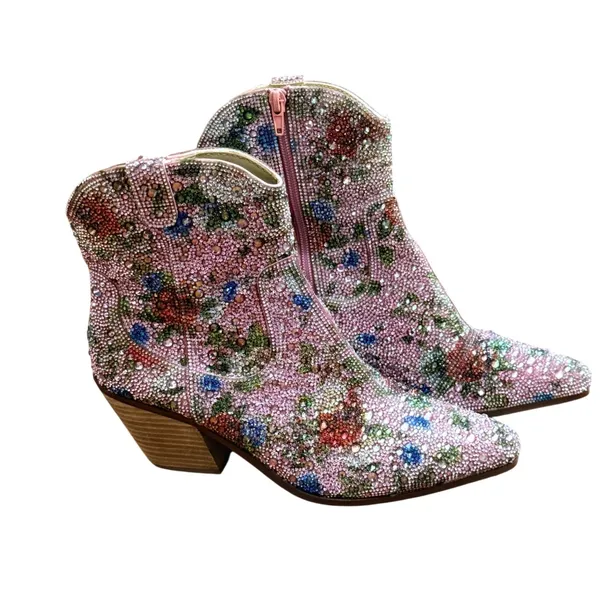 Betsey Johnson Dive F Pink Floral Rhinestone Ankle Bootie Sz 8 Western - Image 2