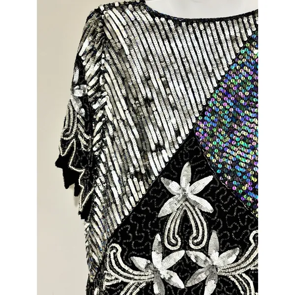 Vtg Scala Beaded Sequin Top Black Silver Embellished Blouse Size Large - Image 9