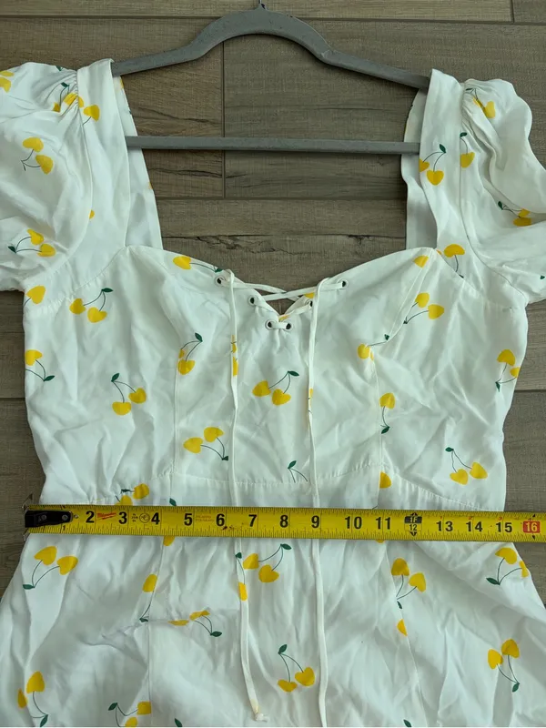 For Love & Lemons Ashland Lace Up White Yellow Cherry Print Y2K Boho Mini Dress - Image 9