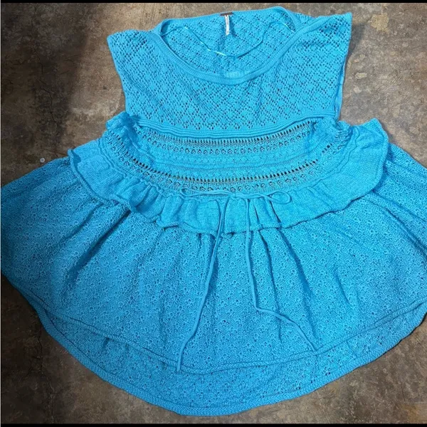 Free People Blue Juliette Ruffle Top, Linen Blend. Size XL - Image 5