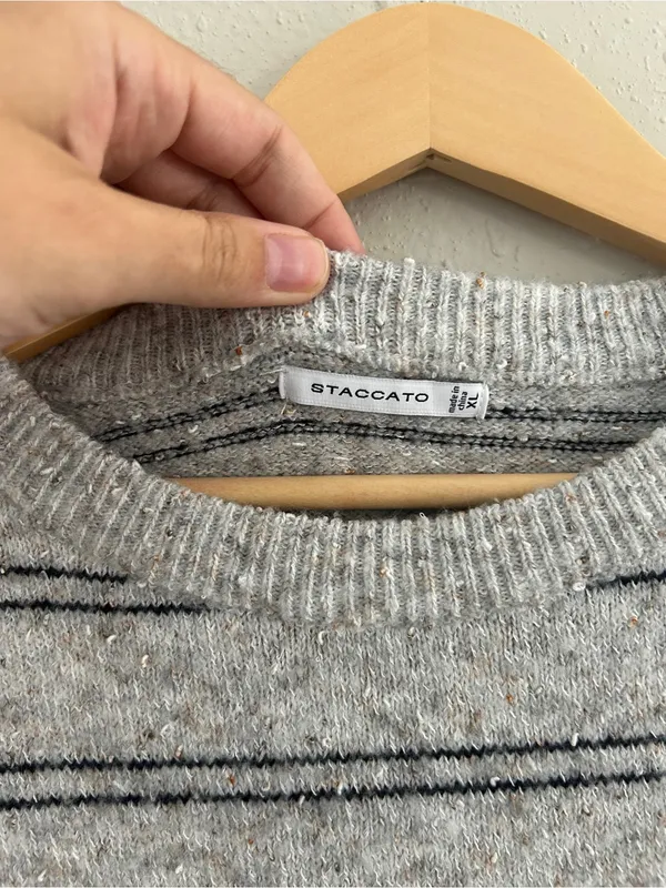 Staccato Gray Crewneck Sweater with Black Stripes Casual Fall Comfy Neutral XL - Image 2