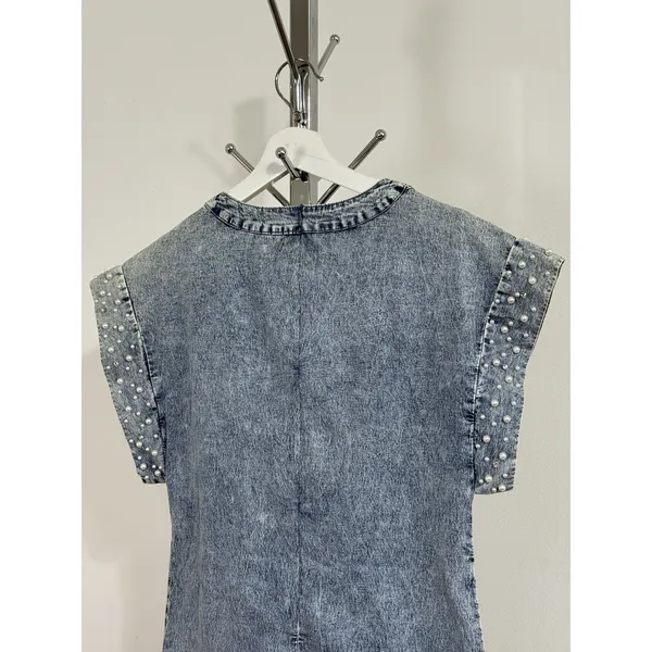 Vintage LALA FACTORY Acid Wash Pearl Beaded Sleeve Denim Mini Shift Dress Size S - Image 6