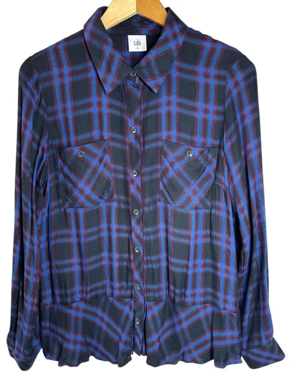 CAbi Check Shirt #3431 Moody Plaid Peplum Button Up Top Blue Burgundy M - Image 2