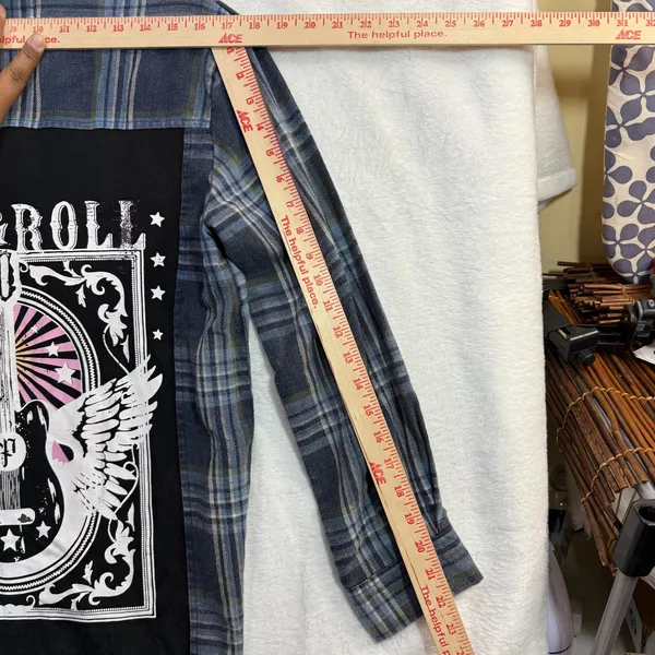 Panache Apparel S Flannel Shirt Rock‎ & Roll Graphic Guitar Patch Plaid Western - Image 10