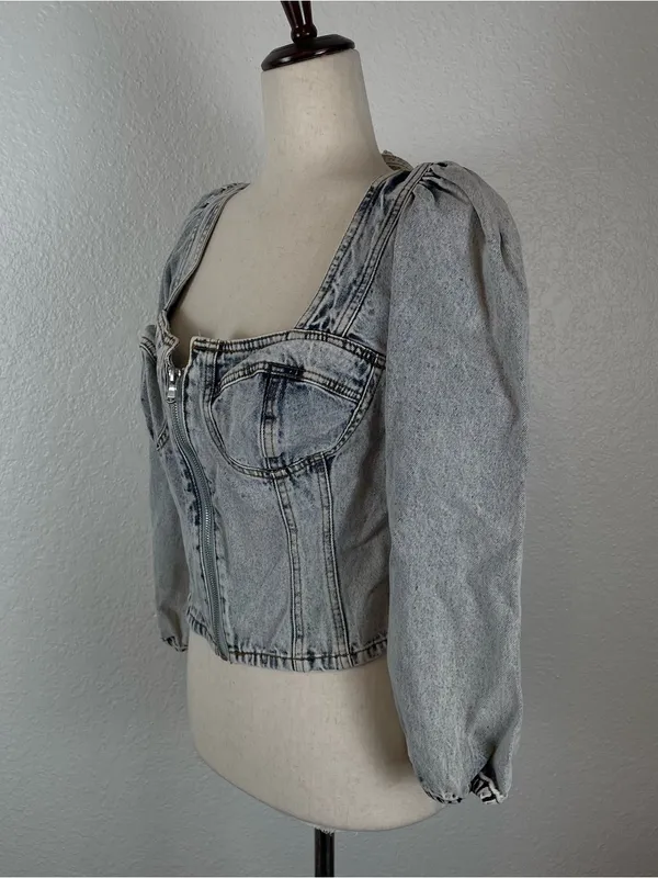 VENUS‎ *Y2K Denim Corset Bustier Crop Top Women’s XL Zip Puff Sleeve Acid Wash - Image 3