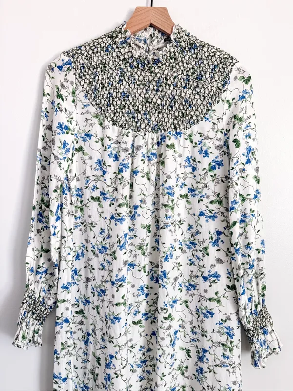 Zara White Blue Floral Smocked High Neck Maxi Dress Size S - Image 4