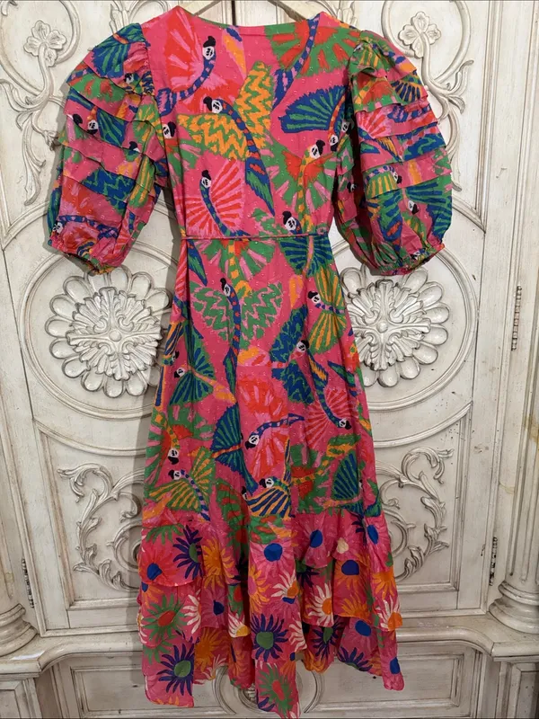 FARM Rio Coral Mixed Graphic Macaws Puff Sleeve Ruffle Hem Midi Wrap Dress XS - Image 13