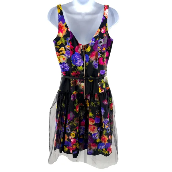 Milly Natalie Floral Cocktail‎ Dress Black Multi Tulle Skirt Bow Belt 10 NEW - Image 5
