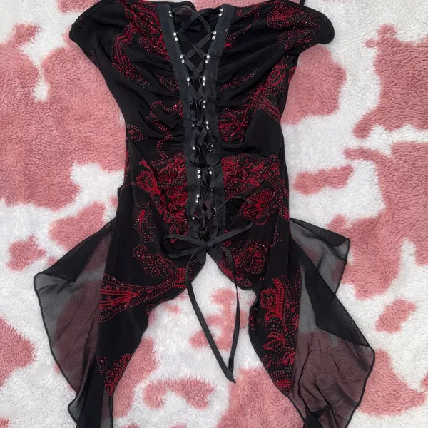 🔥 Y2K Gothic Fairy Corset Top – Black & Red Paisley Lace-Up Camisole w/ Sheer Flowy Panels (Size S) 🖤 - Image 3