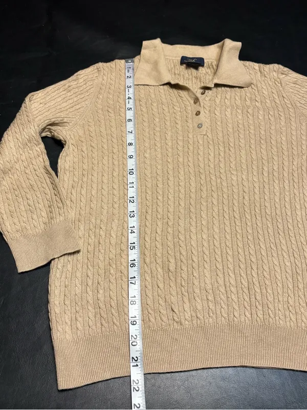 Brooks Brothers 346 Silk Cashmere Cable Knit Polo Sweater Tan M - Image 10