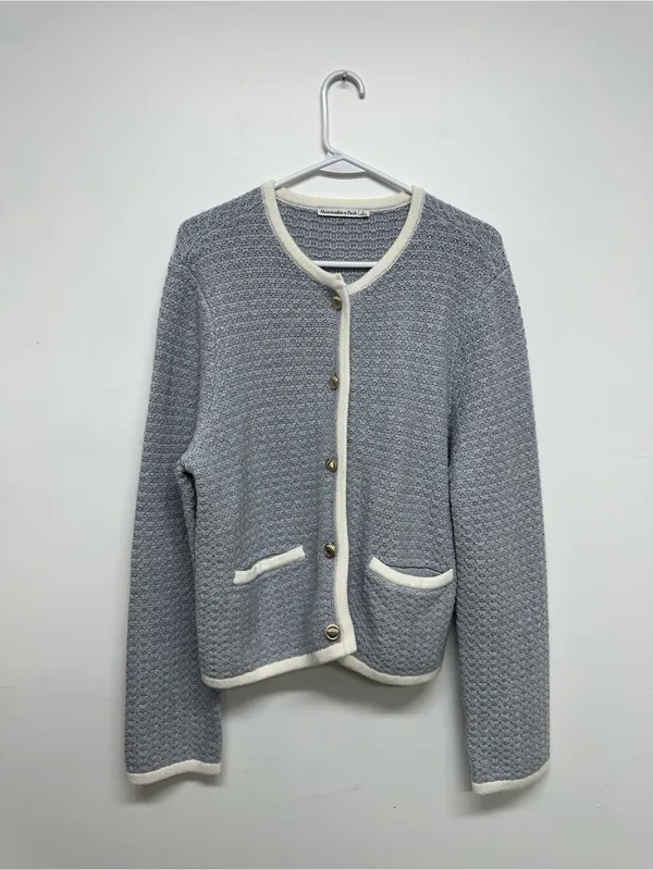 Abercrombie & Fitch Light Blue Textured Crewneck Cardigan with Cream Trim - Image 4