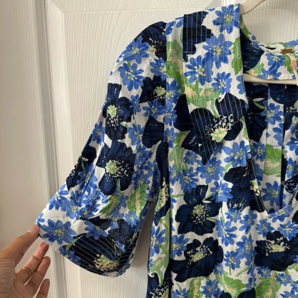 Free People Floral Mini Dress Blue Green Flowy‎ V Neck Size LG Moon Chaser - Image 6