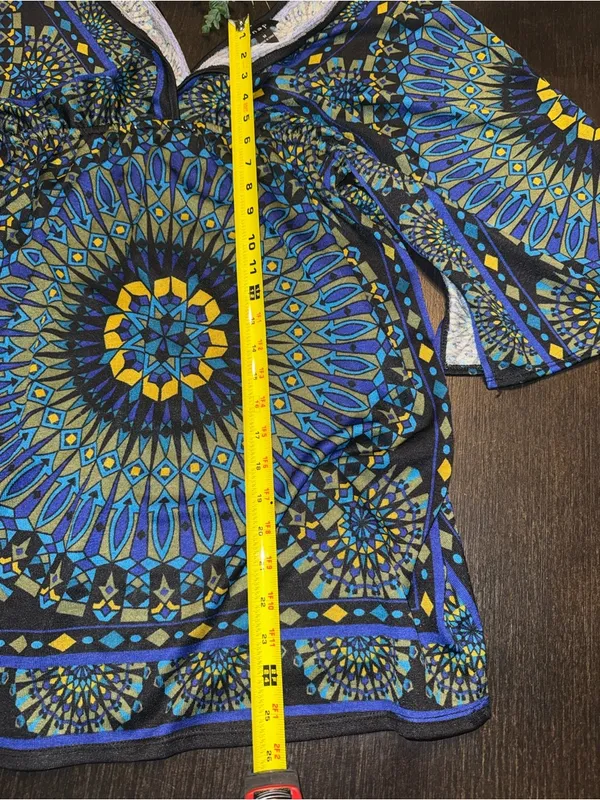 Boho Blue Geometric Mini Dress | V-Neck Bell Sleeve Bodycon Festival Resort - Image 6