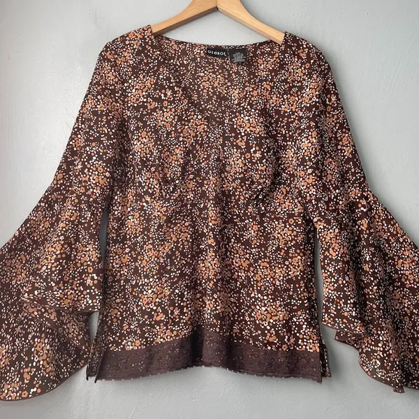 Notations Vintage Y2K Top Size M Babydoll Brown Ditzy Floral Lace Trim Boho Fairy Grunge - Image 2