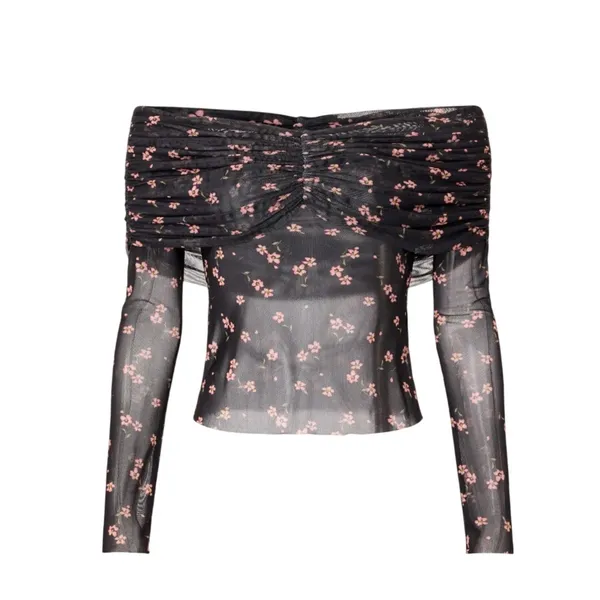 AFRM Black Floral Off the Shoulder Mesh Top MEDIUM Ruched Sheer Bodycon Pink $68 - Image 8