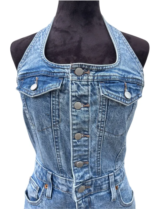 Universal Threads Denim Halter Midi Dress 90s Y2K Button Front Slit Pockets⁠ Sz 6 - Image 9