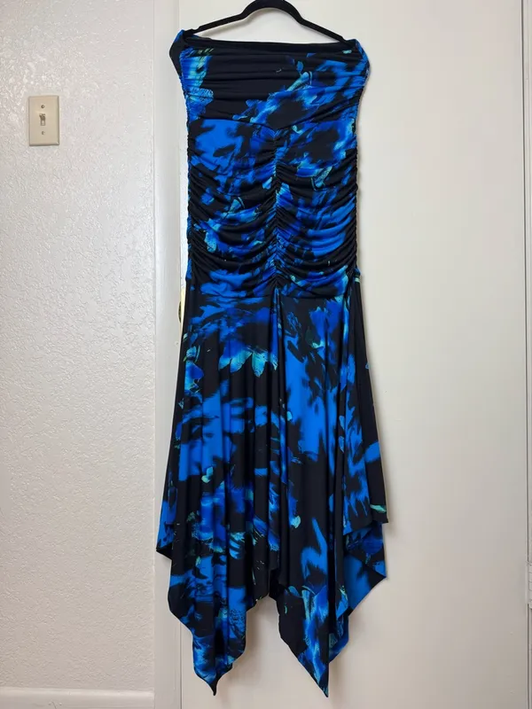Club London Florianne Navy Floral Print Ruched Bandeau Maxi Dress Size L - Image 4