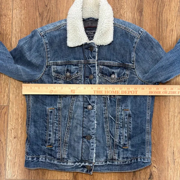 Abercrombie & Fitch Denim bomber Jacket‎ Sherpa Collar Womens Size small Lined - Image 7