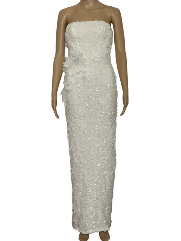 DRESS THE POPULATION Izza 3D Floral Sequined Gown, White, XXS - Image 3