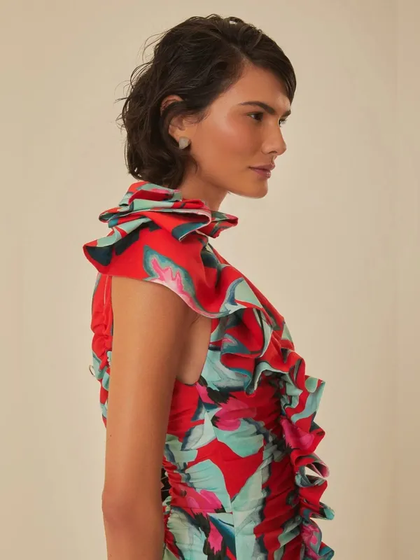 Farm Rio Red Summer Foliage One Shoulder Maxi Dress - Image 3