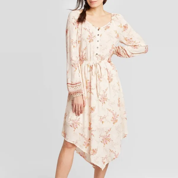 Knox Rose Floral Handkerchief Hem Peasant Midi Dress Cottagecore Button Boho XL - Image 12