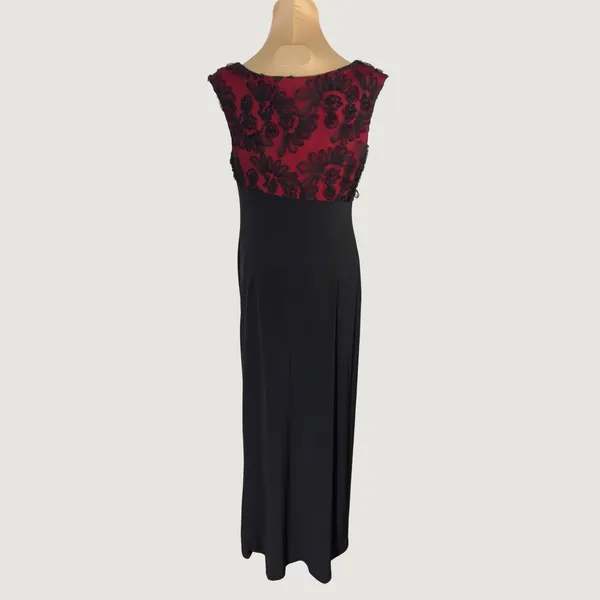 Connected Apparel 3085 | Floral Lace Draped Maxi Gown Black Burgundy Dark Romantic Formal Women 6 - Image 9