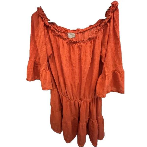 ASOS Orange Off Shoulder Mini Dress Size 14 Boho Peasant Tiered Dress - Image 3
