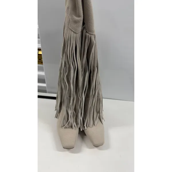 Fringe Western Tall Boots Square Toe Block Heel Beige Faux Suede Boho Stone 7,5 - Image 8