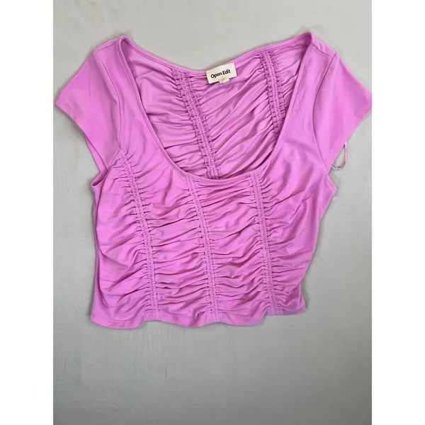 Open Edit Pink Ruched Short Sleeves Scoop Neck Stretchy Top Assymetrical Size L - Image 2