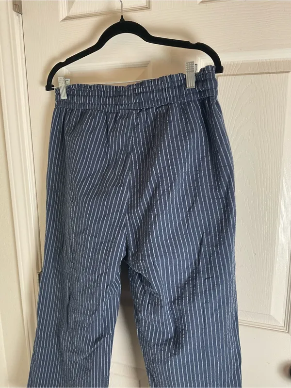 Women’s Blue & White Striped Linen Blend Wide Leg Pants Drawstring Lounge Size L - Image 7