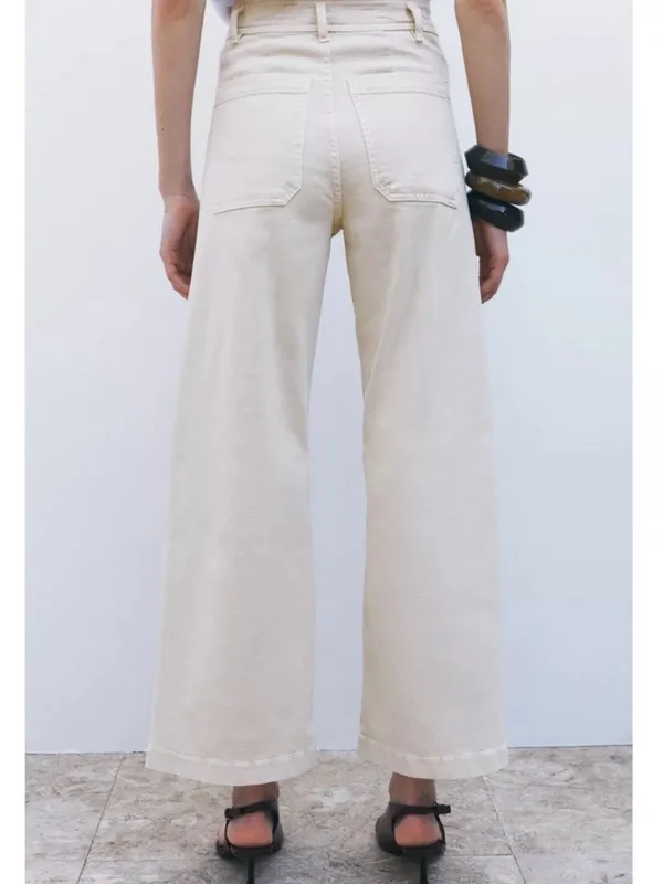 NWT Zara The Patch Pocket Wide Leg Jeans in Cream Size 6 - Image 2