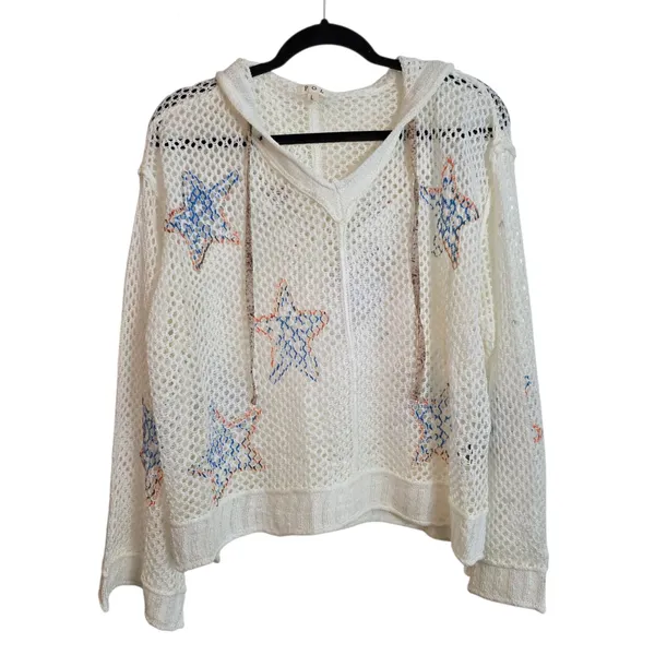 POL White Mesh Star Crochet Hoodie with Blue and Orange Accents - Image 3