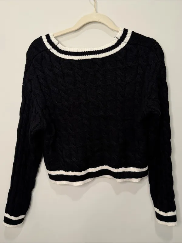 House of Harlow 1960 Black White Cable Knit V-Neck Sweater Size Small - Image 4