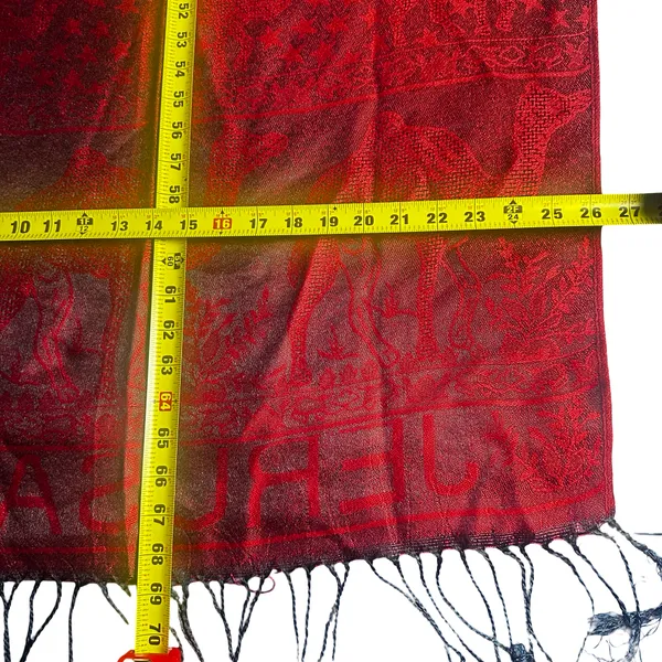 100% Cashmere Red Black Elephant Shawl Oversized Fringe Scarf Wrap - Image 9