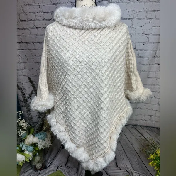 Elegant Fur Trim Hanky Hem Pullover Sweater Cape - Apricot - size M (8/10) - Image 9